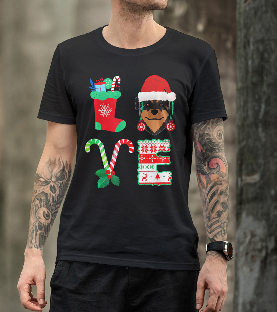 Rottweiler Santa Hat Christmas Stocking Candy Cane Love T-Shirt