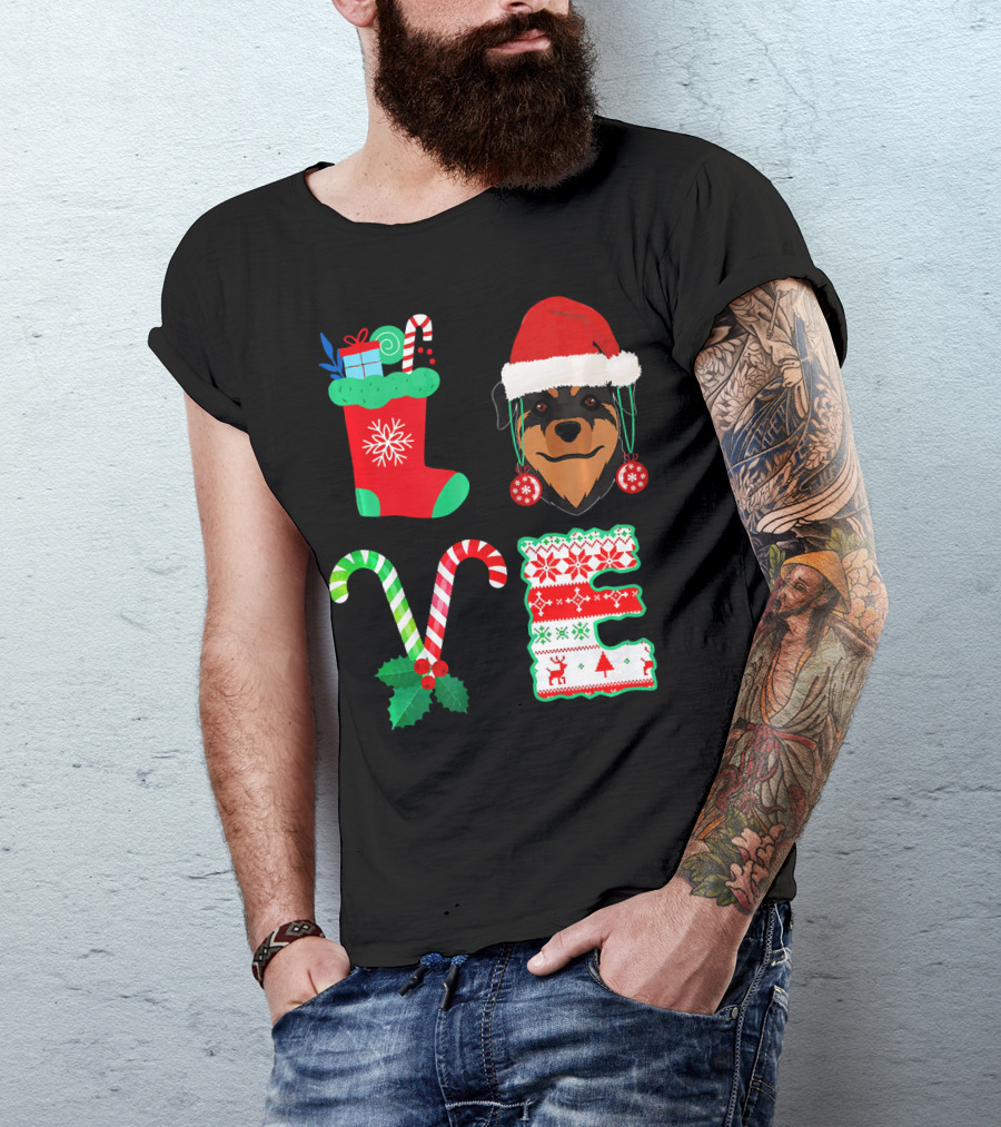 Rottweiler Santa Hat Christmas Stocking Candy Cane Love T-Shirt
