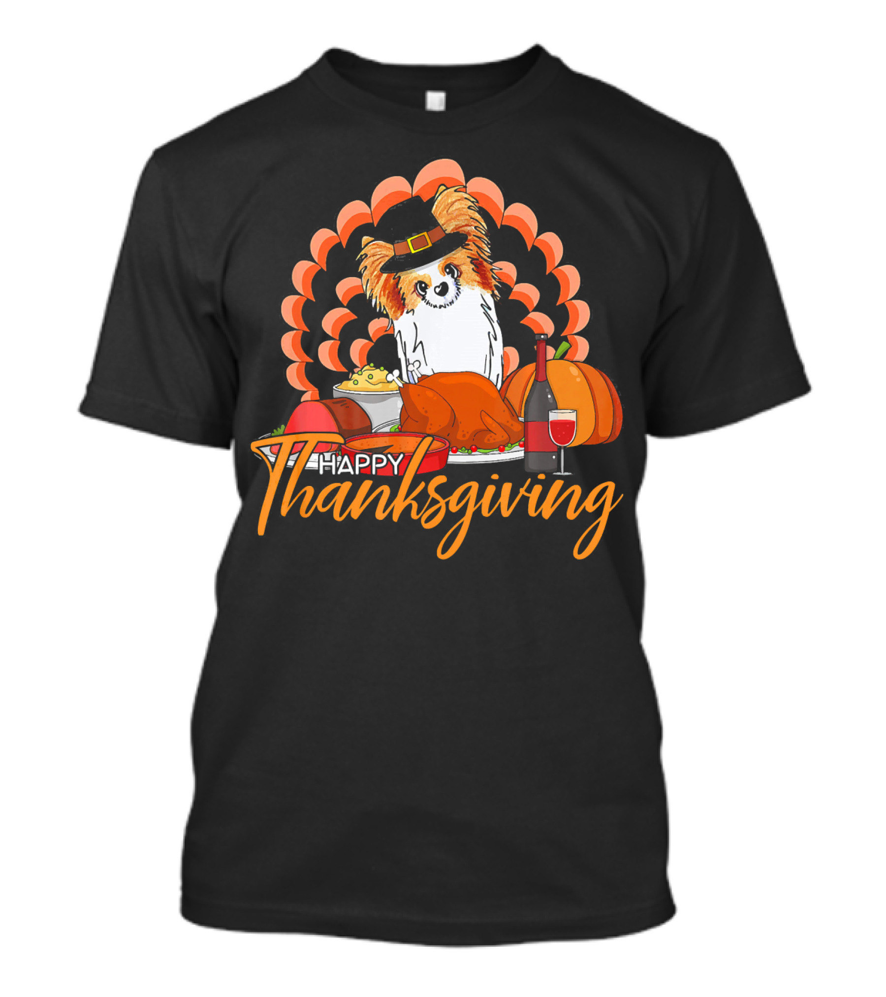 Happy Thanksgiving Funny Papillon With Turkey And Wine T-Shirt