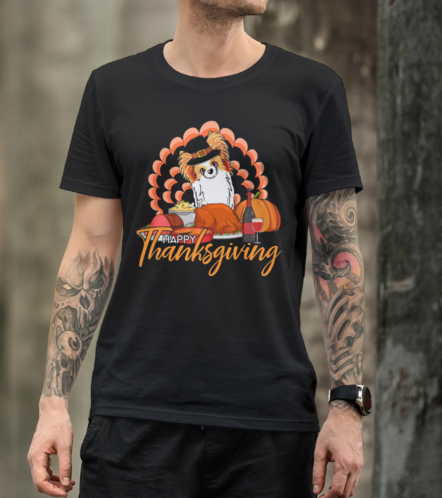 Happy Thanksgiving Funny Papillon With Turkey And Wine T-Shirt