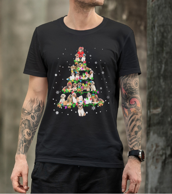 Cute Shih Tzu Dog Christmas Tree Holiday Festive Snowflakes T-Shirt
