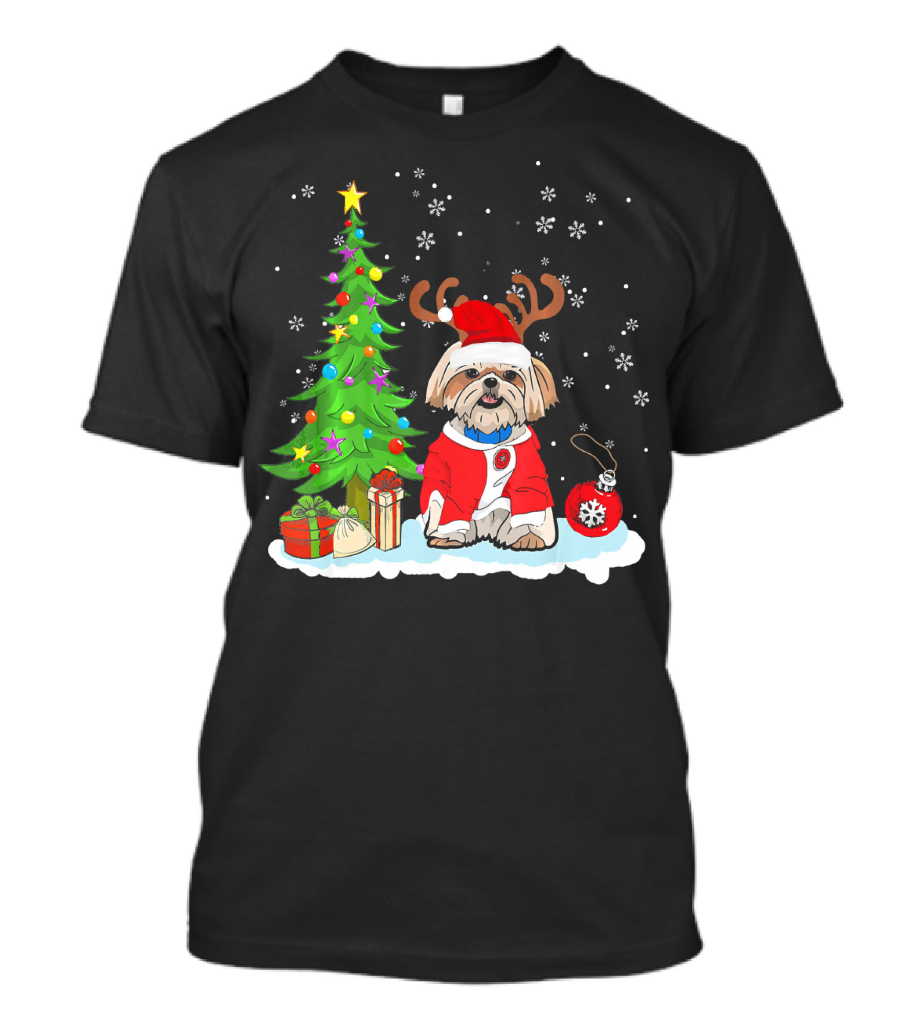 Shih Tzu Dog Father Christmas Tree Snowflakes Santa Hat T-Shirt