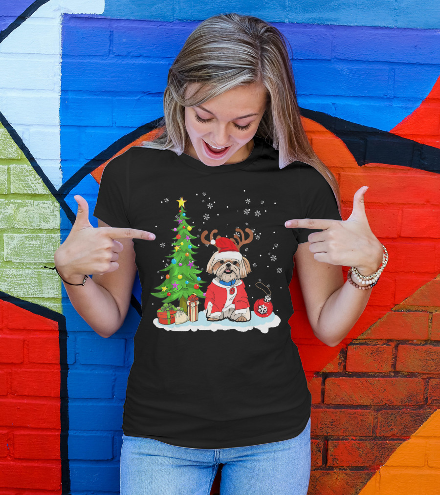 Shih Tzu Dog Father Christmas Tree Snowflakes Santa Hat T-Shirt