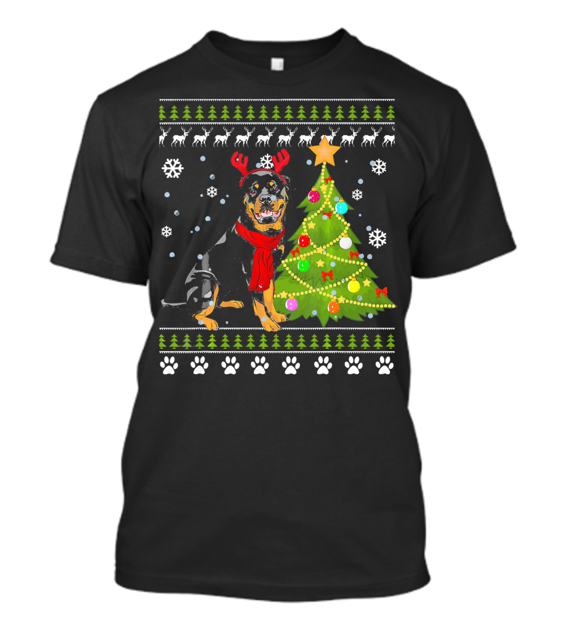 Rottweiler Christmas Tree Reindeer Antlers Paw Print Snowflakes T-Shirt