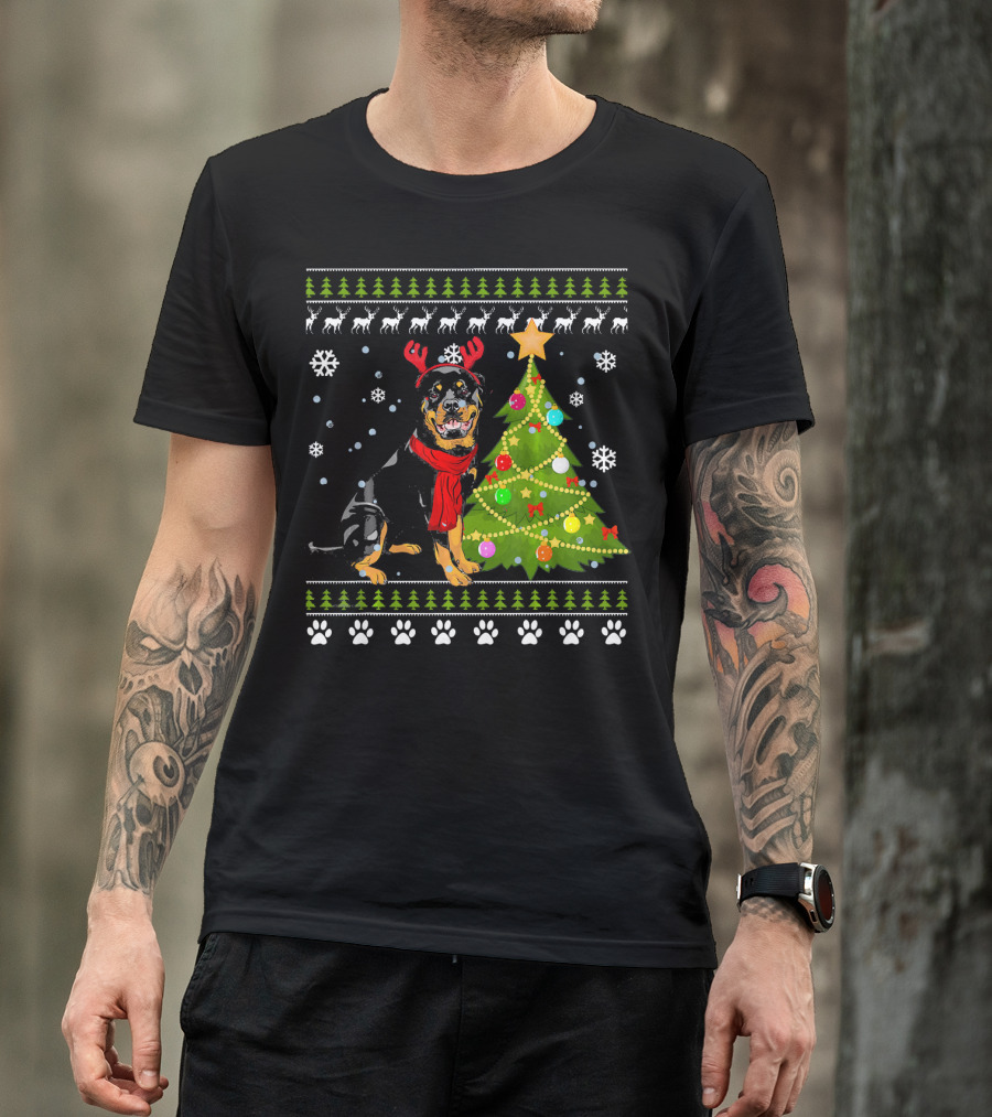 Rottweiler Christmas Tree Reindeer Antlers Paw Print Snowflakes T-Shirt