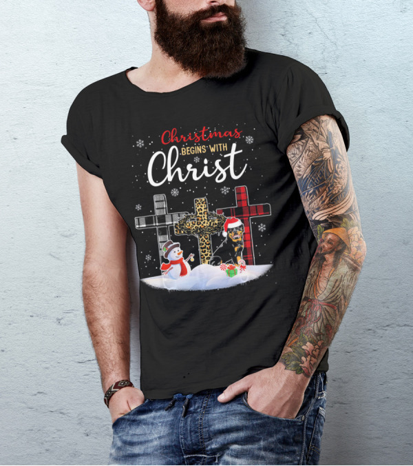 Christmas Begins With Christ Rottweiler Dog Snowman Crosses T-Shirt