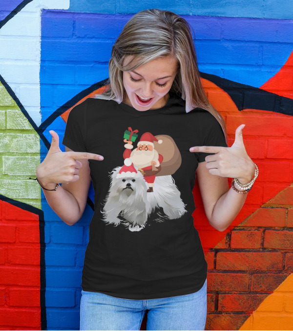 Santa Claus With Present On Maltese Dog T-Shirt
