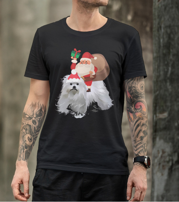 Santa Claus With Present On Maltese Dog T-Shirt