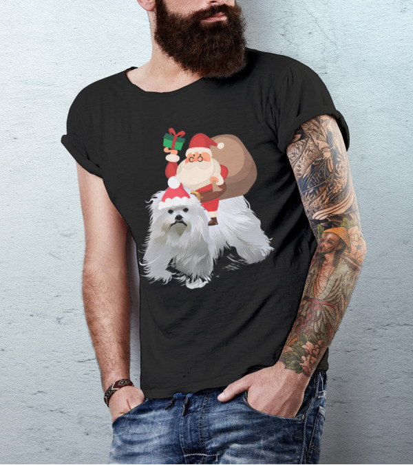 Santa Claus With Present On Maltese Dog T-Shirt