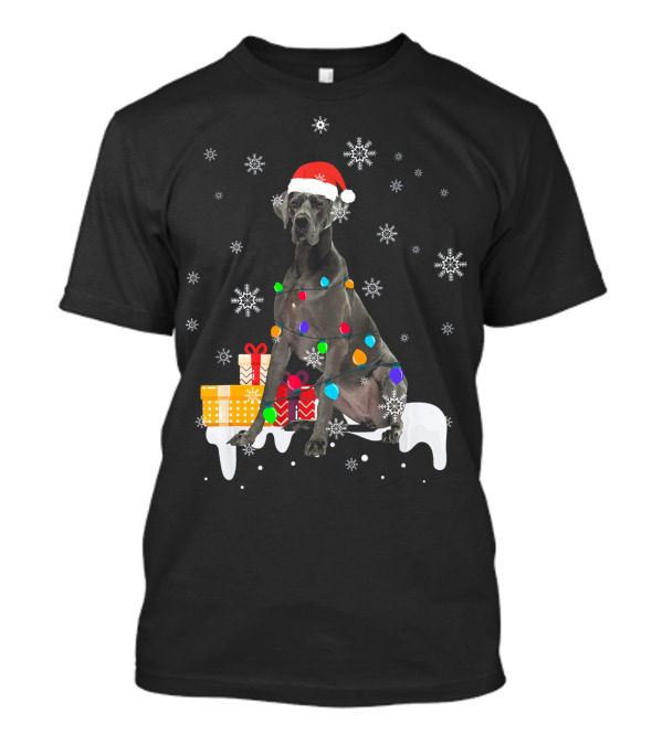 Santa Hat Great Dane Wrapped In Christmas Lights With Snowflakes And Presents T-Shirt