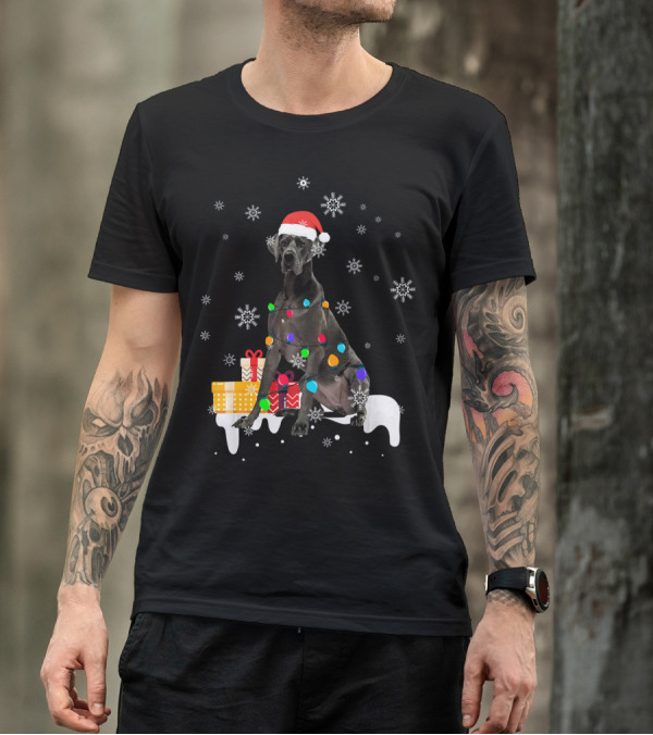 Santa Hat Great Dane Wrapped In Christmas Lights With Snowflakes And Presents T-Shirt