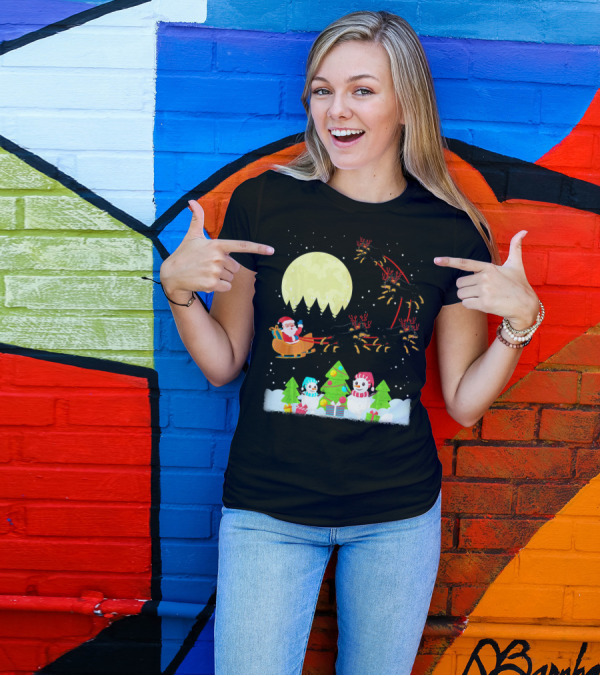 Santa Sleigh Rottweiler Reindeer Snowmen Under Full Moon T-Shirt
