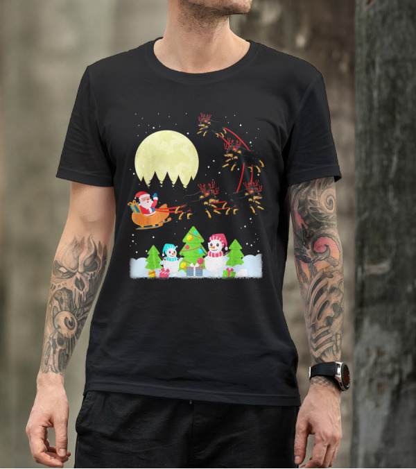 Santa Sleigh Rottweiler Reindeer Snowmen Under Full Moon T-Shirt