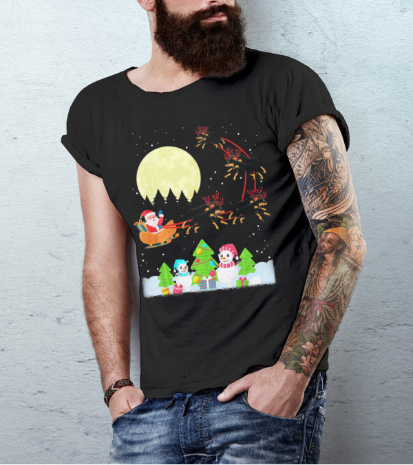 Santa Sleigh Rottweiler Reindeer Snowmen Under Full Moon T-Shirt