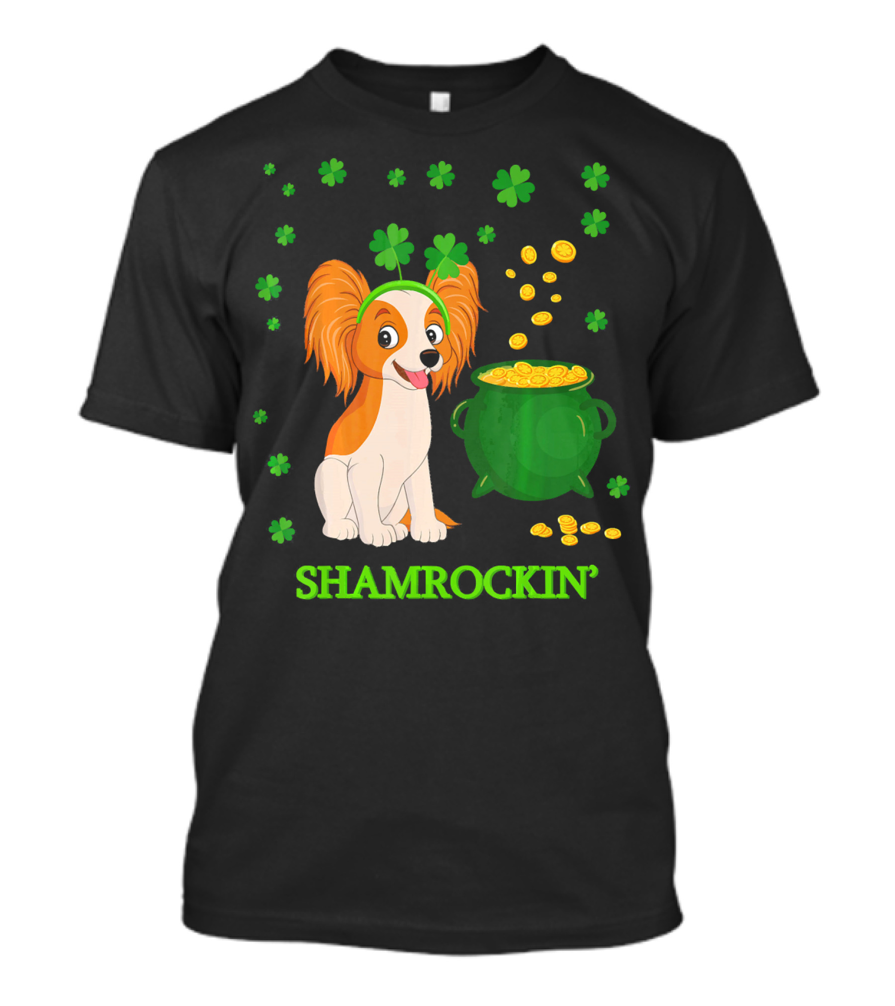 Shamrockin' Papillon Dog With Clover And Pot Of Gold T-Shirt