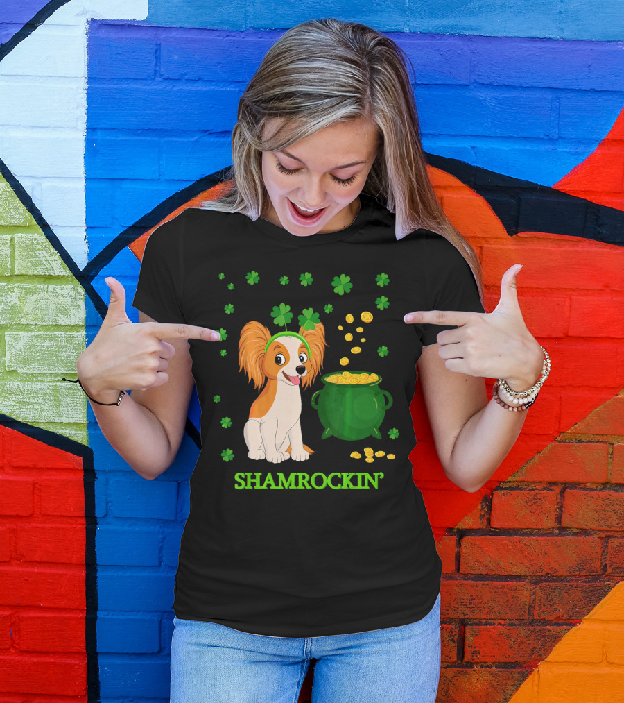Shamrockin' Papillon Dog With Clover And Pot Of Gold T-Shirt
