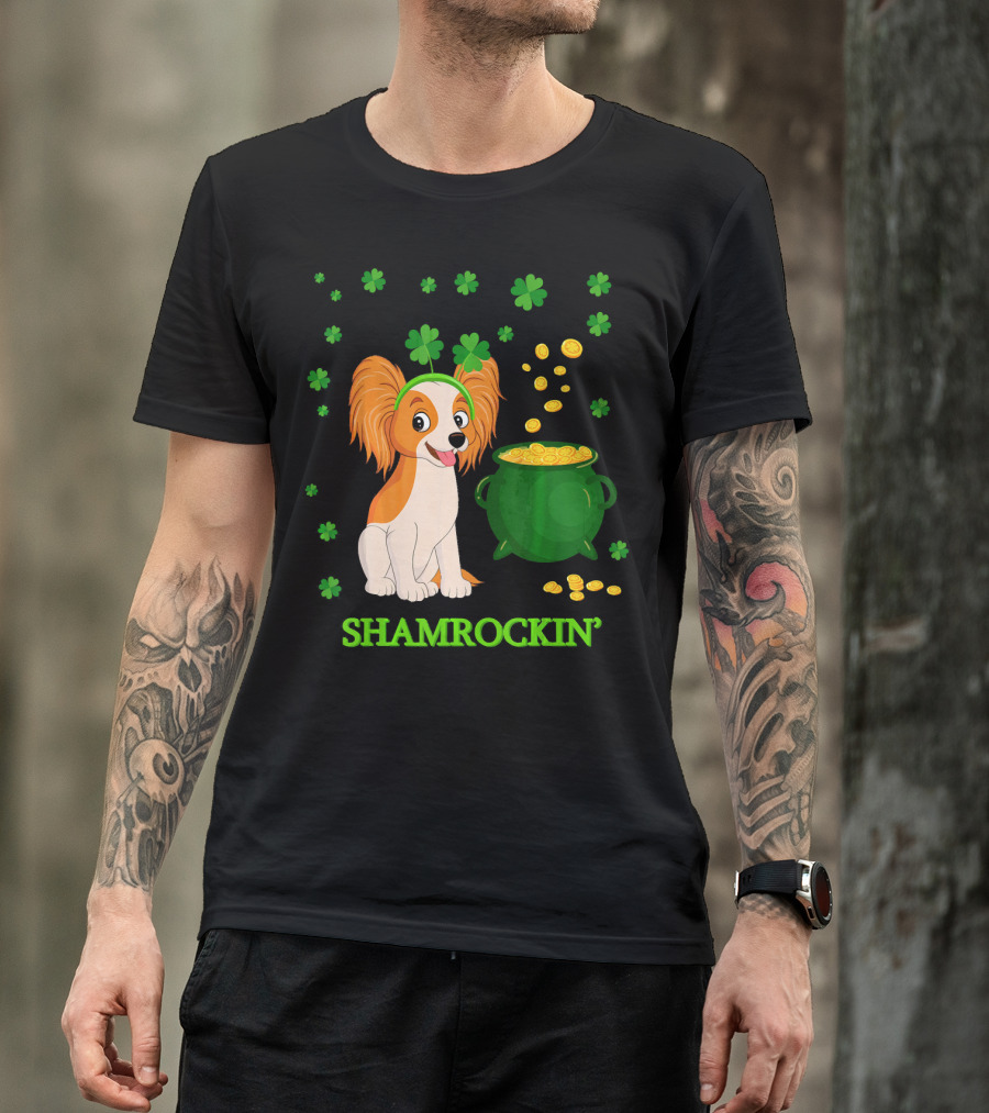 Shamrockin' Papillon Dog With Clover And Pot Of Gold T-Shirt