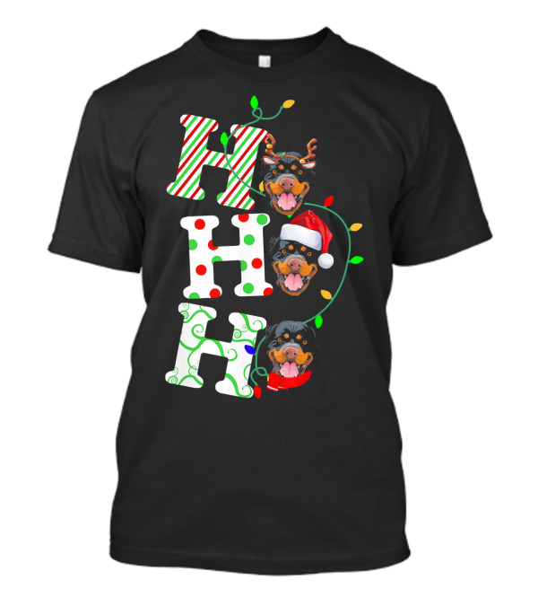 Rottweiler Ho Ho Ho Reindeer Santa Hat Christmas Lights T-Shirt