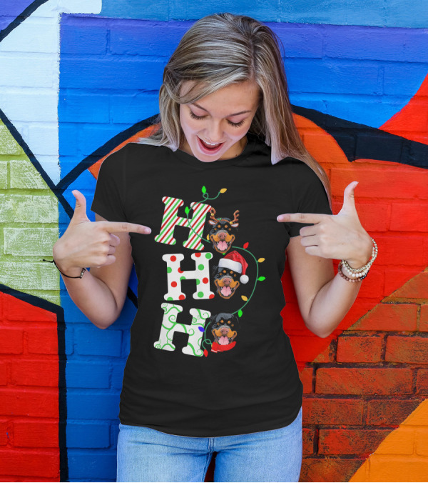 Rottweiler Ho Ho Ho Reindeer Santa Hat Christmas Lights T-Shirt
