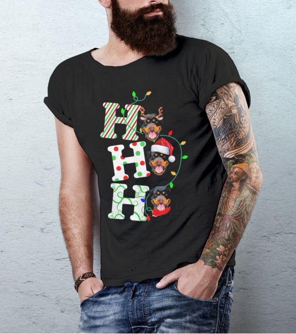 Rottweiler Ho Ho Ho Reindeer Santa Hat Christmas Lights T-Shirt