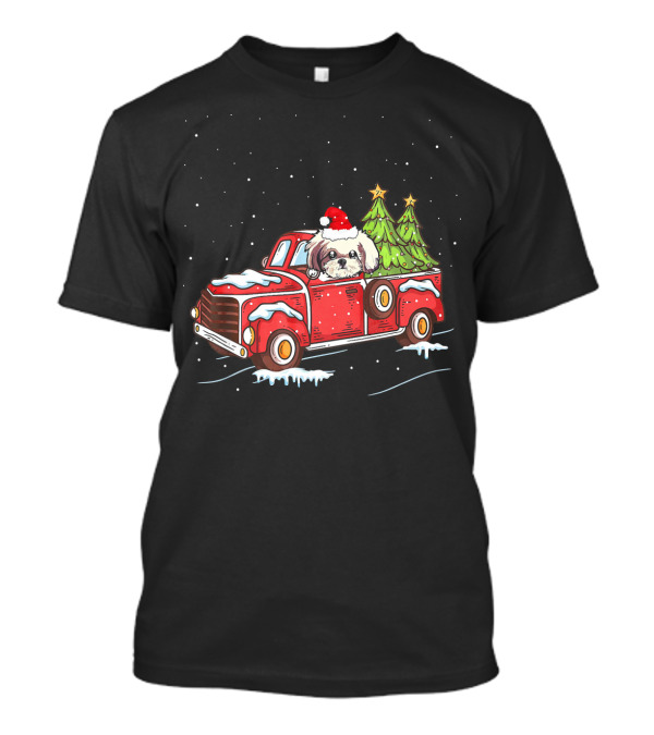 Shih Tzu Santa Hat Christmas Trees In Red Truck Snow Scene T-Shirt