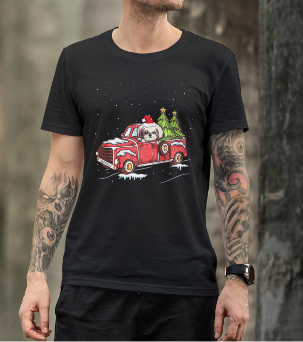 Shih Tzu Santa Hat Christmas Trees In Red Truck Snow Scene T-Shirt
