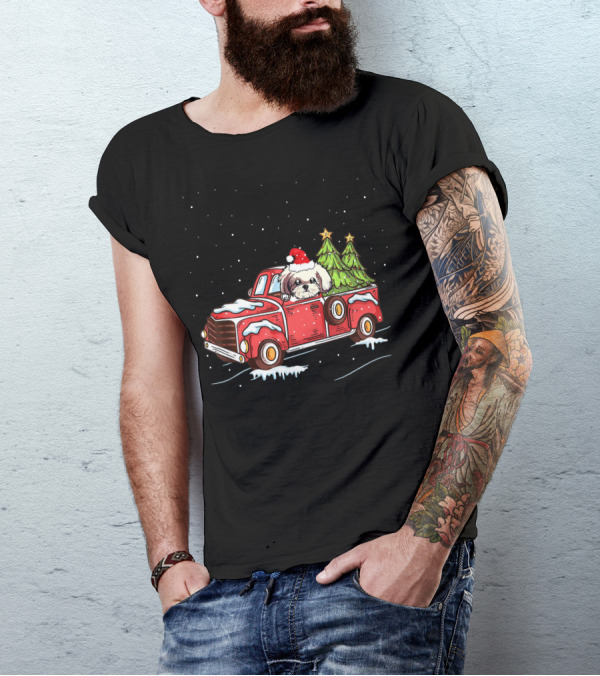 Shih Tzu Santa Hat Christmas Trees In Red Truck Snow Scene T-Shirt