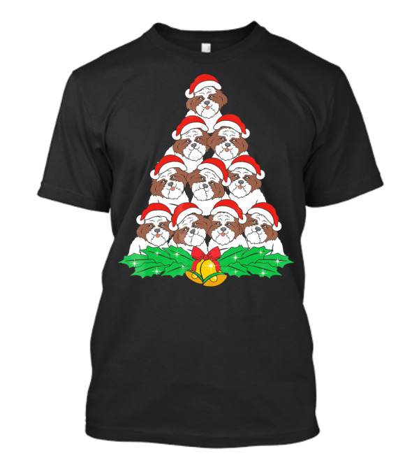 Shih Tzu Christmas Tree Dog Xmas Lover Festive Holiday Bells Santa Hat T-Shirt