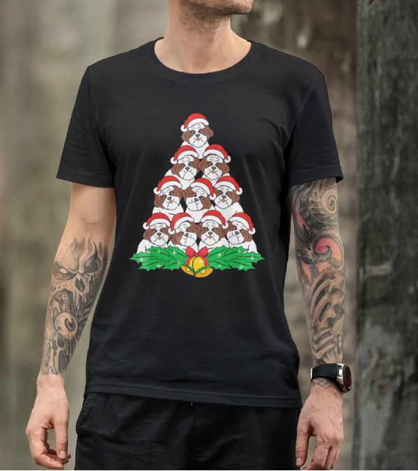 Shih Tzu Christmas Tree Dog Xmas Lover Festive Holiday Bells Santa Hat T-Shirt