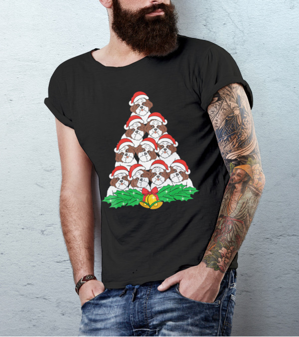 Shih Tzu Christmas Tree Dog Xmas Lover Festive Holiday Bells Santa Hat T-Shirt