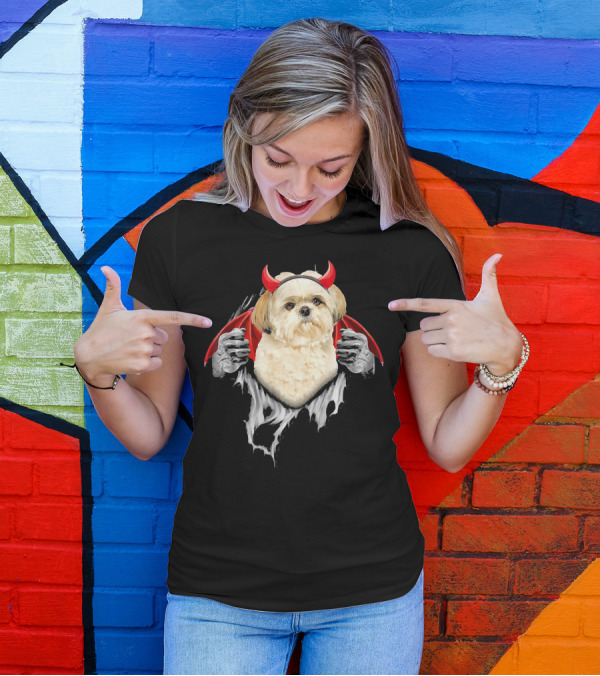 Funny Shih Tzu Dog Dressed As Dracula With Devil Horns T-Shirt