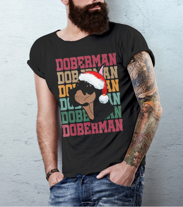 Doberman Festive Santa Hat Christmas T-Shirt