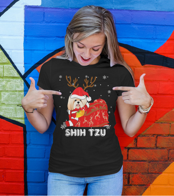 Shih Tzu Santa Hat Reindeer Blanket Christmas Snowflakes T-Shirt
