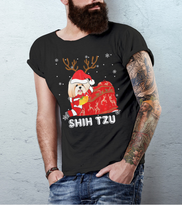 Shih Tzu Santa Hat Reindeer Blanket Christmas Snowflakes T-Shirt