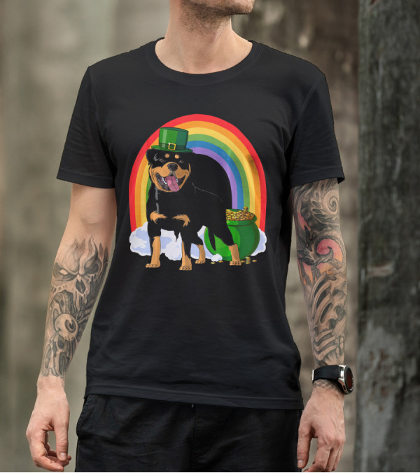 Rottweiler Leprechaun With Rainbow And Pot Of Gold St Patricks Day T-Shirt