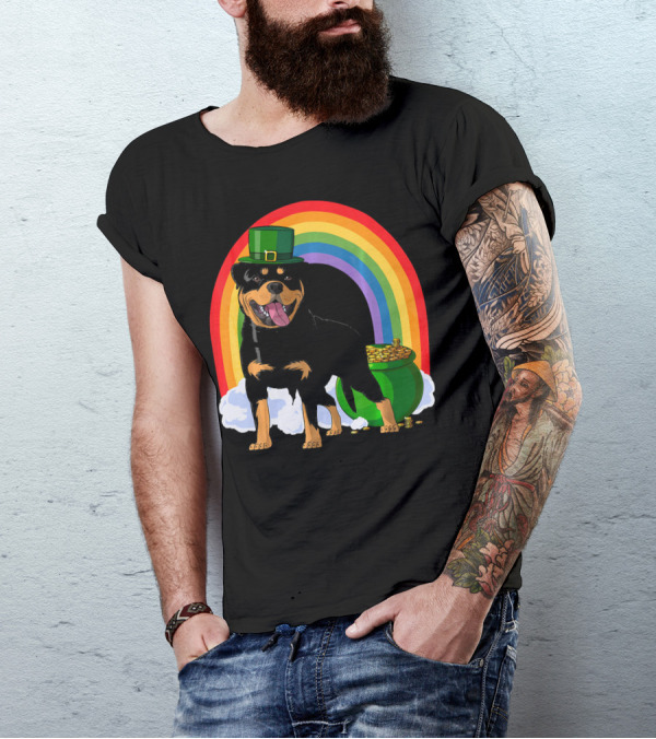 Rottweiler Leprechaun With Rainbow And Pot Of Gold St Patricks Day T-Shirt