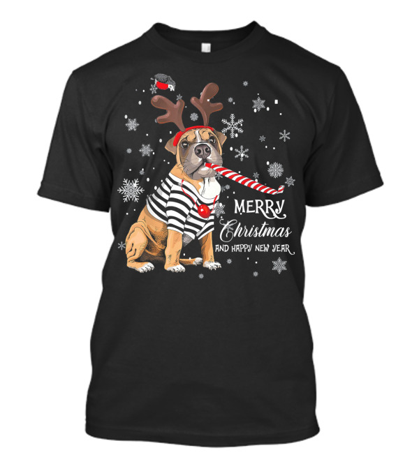 THE BOXER DOG MERRY CHRISTMAS AND HAPPY NEW YEAR CANDY CANE REINDEER ANTLERS SNOWFLAKES T-Shirt