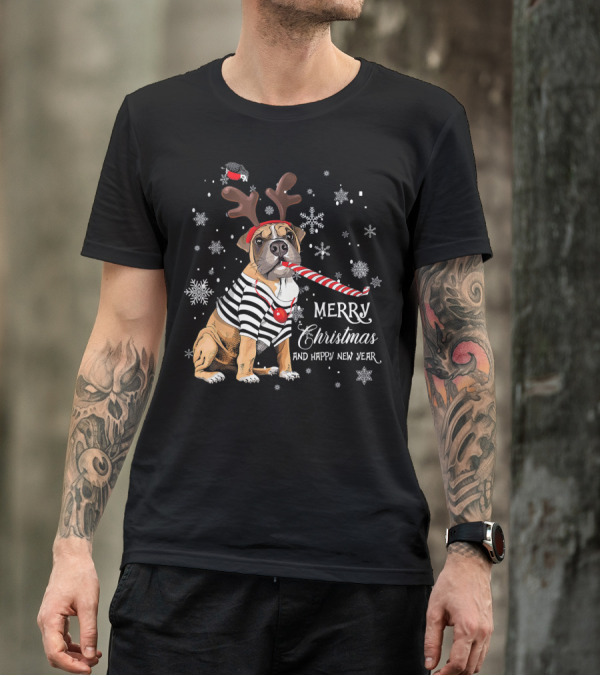 THE BOXER DOG MERRY CHRISTMAS AND HAPPY NEW YEAR CANDY CANE REINDEER ANTLERS SNOWFLAKES T-Shirt