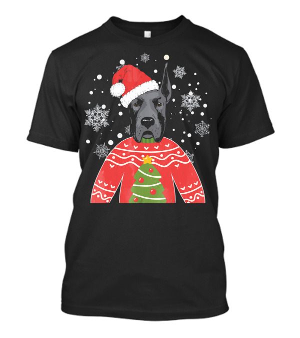 Santa Great Dane Christmas Sweater Snowflakes T-Shirt