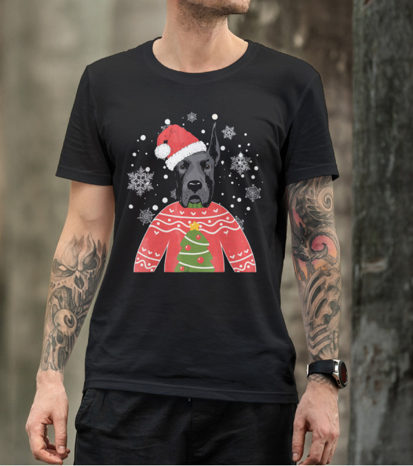 Santa Great Dane Christmas Sweater Snowflakes T-Shirt