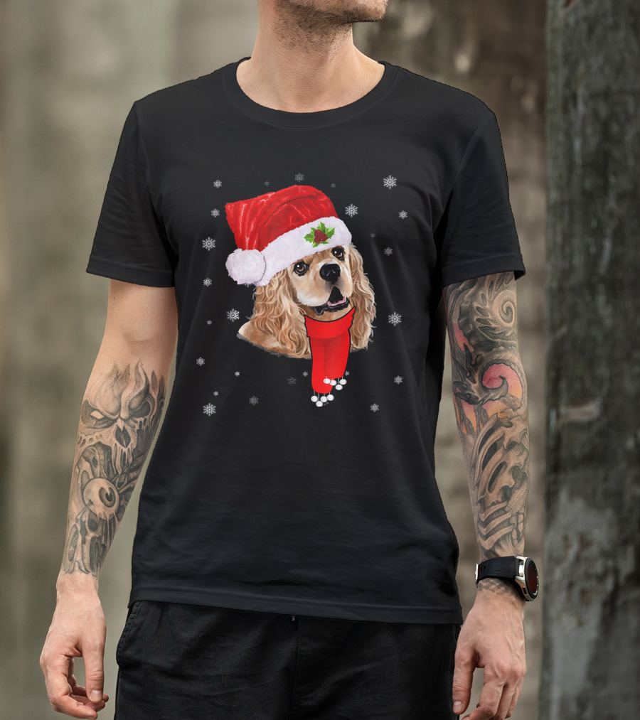 Santa Cavalier King Charles Spaniel With Red Hat And Scarf Snowflakes T-Shirt