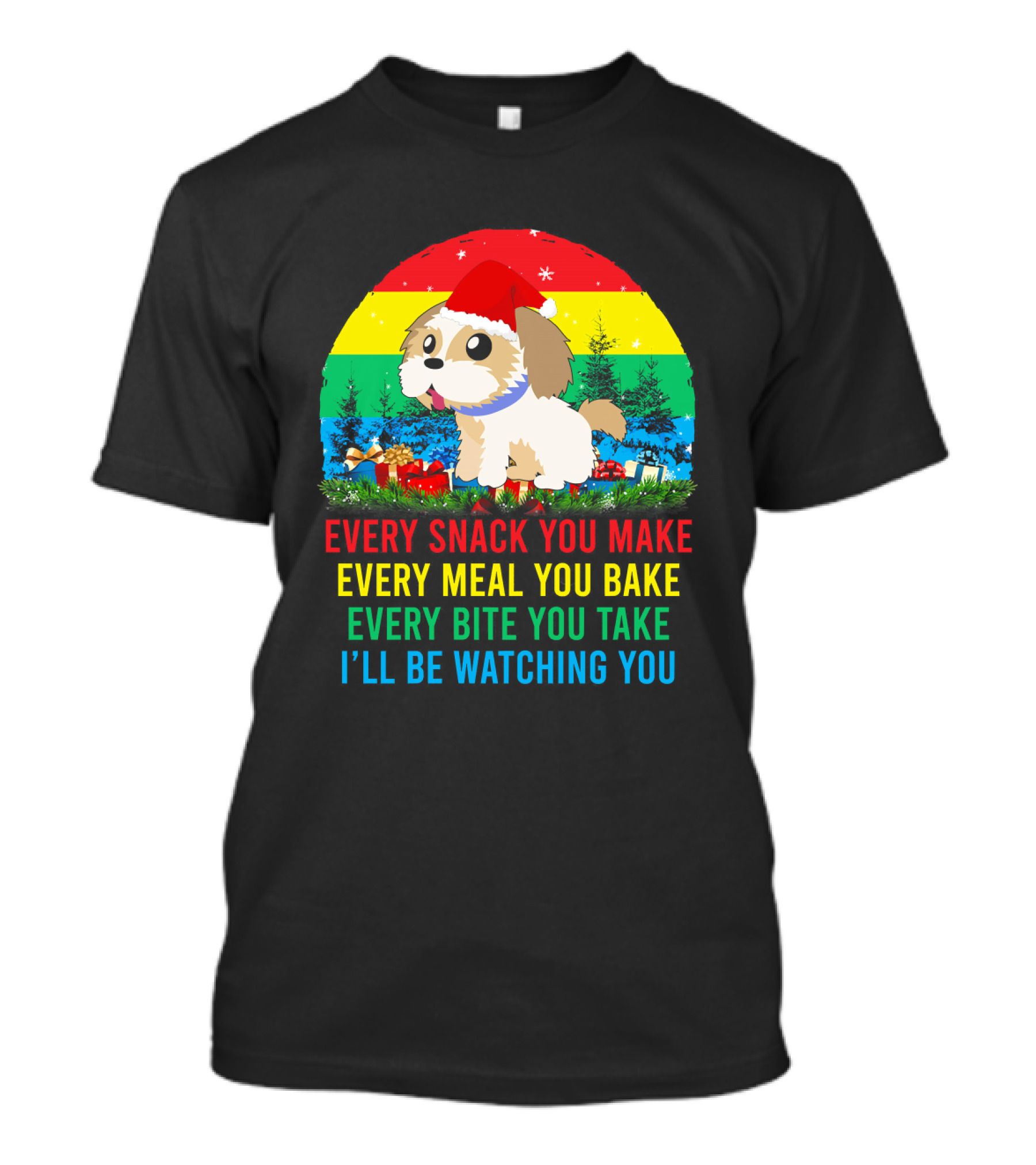 Every Snack You Make Shih Tzu Watching You Santa Hat Christmas Scene T-Shirt