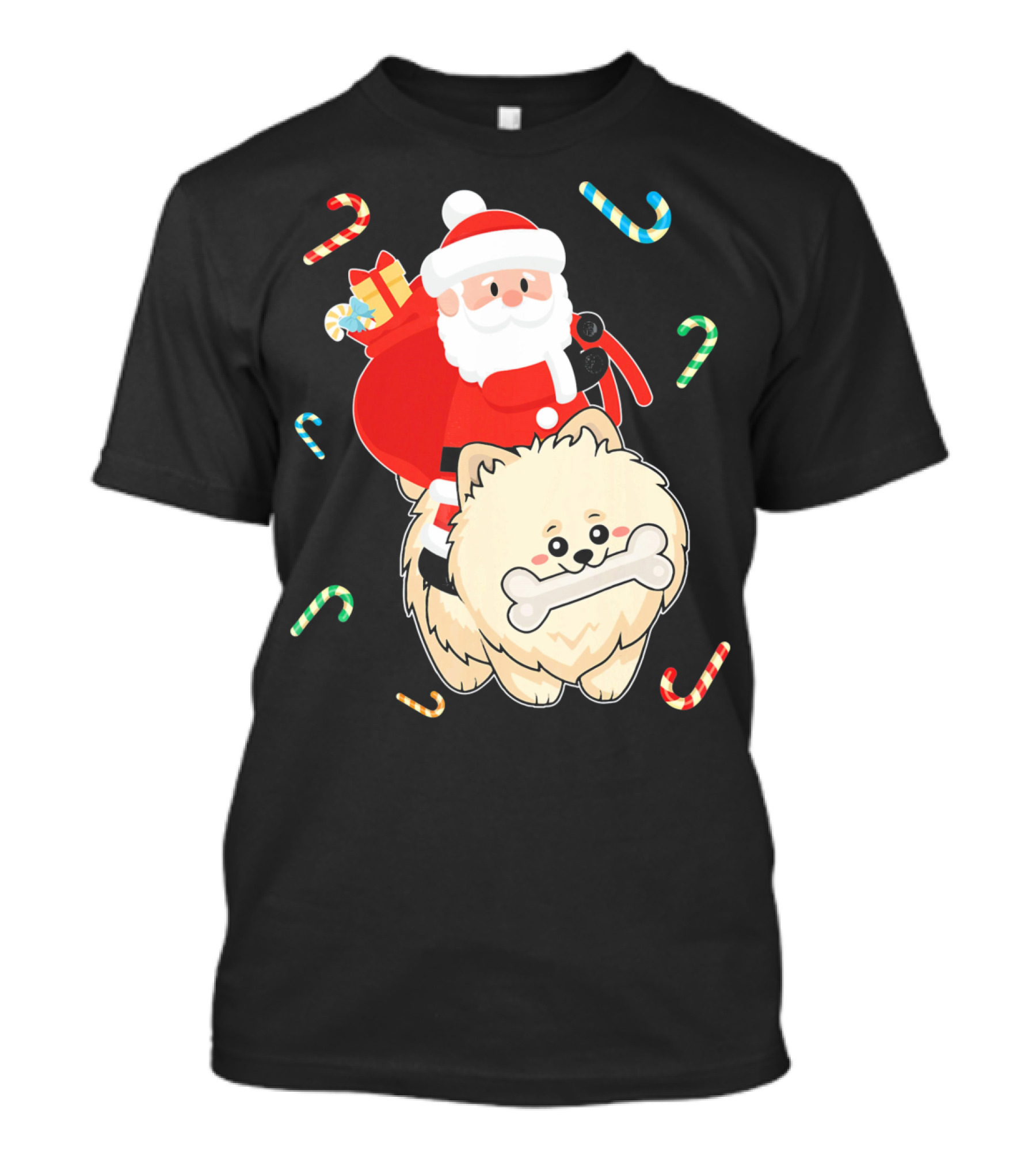 Santa Claus Riding Pomeranian With Candy Canes And Gifts T-Shirt