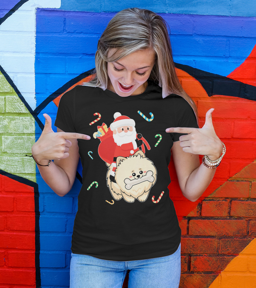 Santa Claus Riding Pomeranian With Candy Canes And Gifts T-Shirt