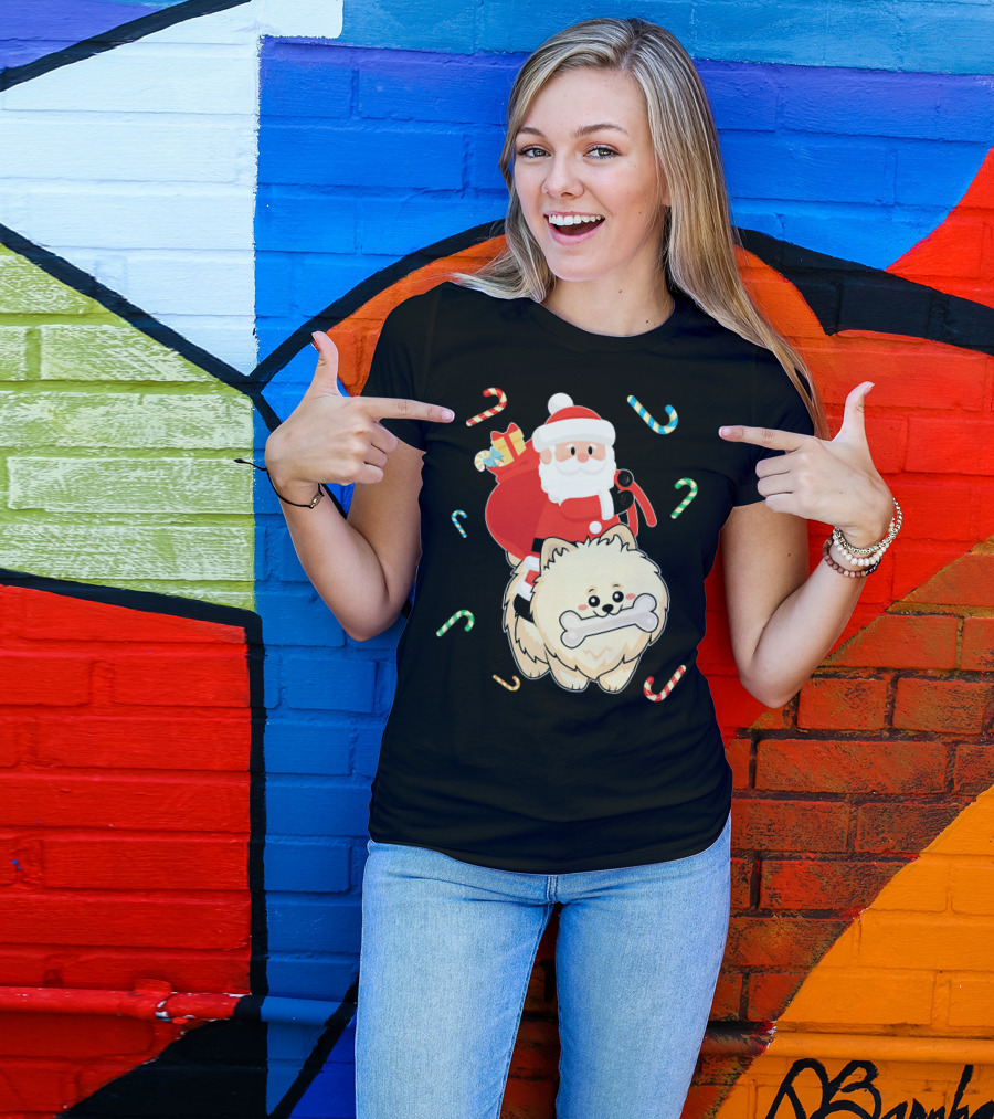 Santa Claus Riding Pomeranian With Candy Canes And Gifts T-Shirt