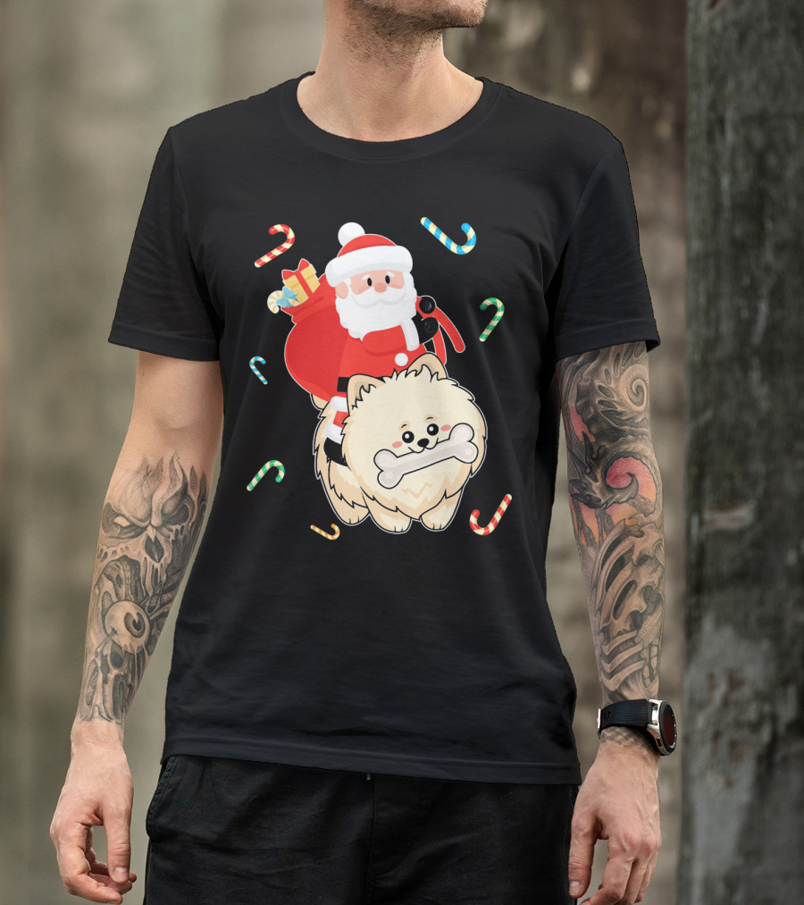 Santa Claus Riding Pomeranian With Candy Canes And Gifts T-Shirt