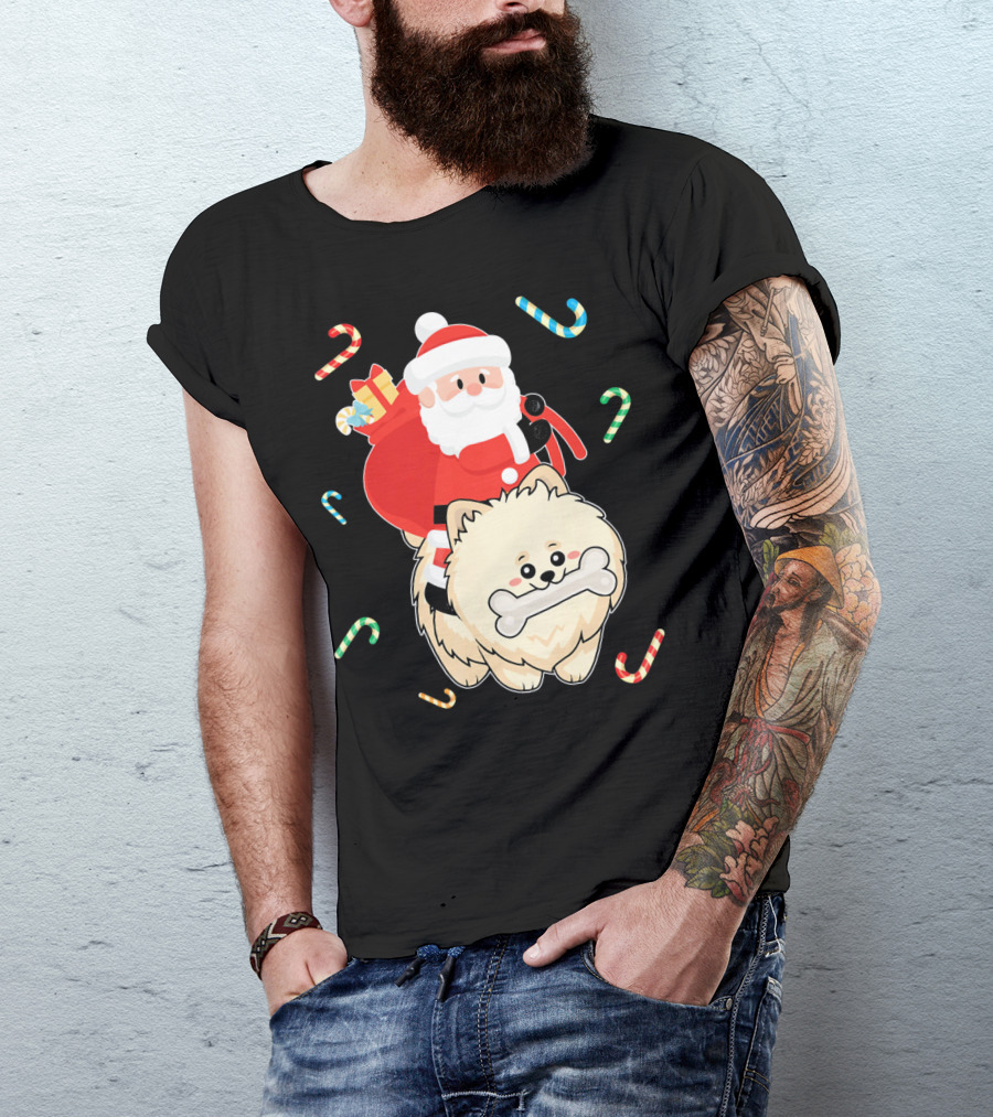 Santa Claus Riding Pomeranian With Candy Canes And Gifts T-Shirt