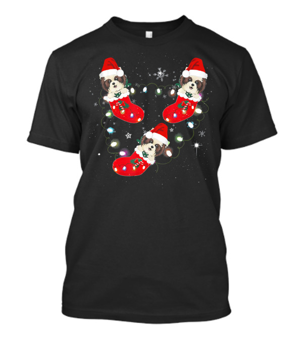 Three Shih Tzu In Christmas Stockings With Santa Hats And Holiday Lights T-Shirt