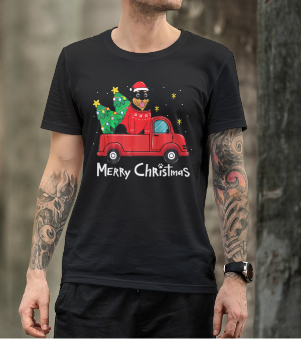 Rottweiler Christmas Santa Truck With Trees Merry Christmas T-Shirt