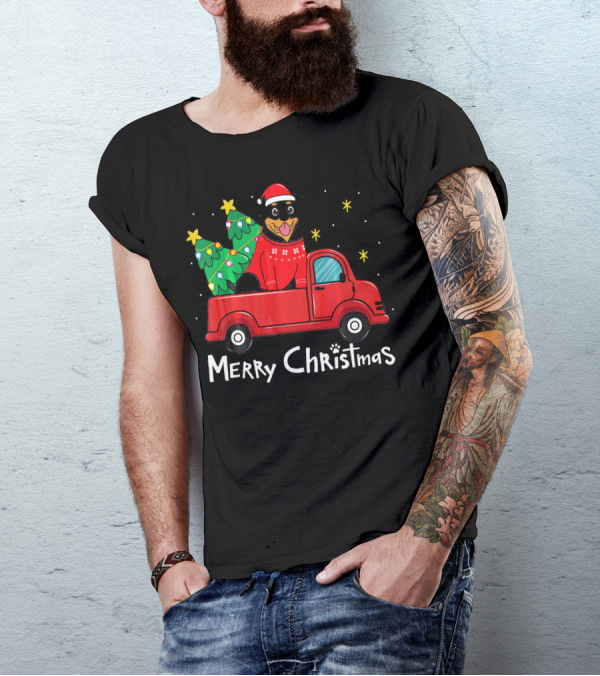 Rottweiler Christmas Santa Truck With Trees Merry Christmas T-Shirt